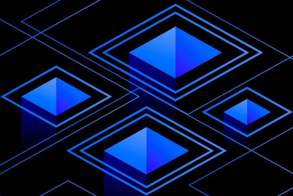 Blue geometric shapes on a dark background, resembling digital art