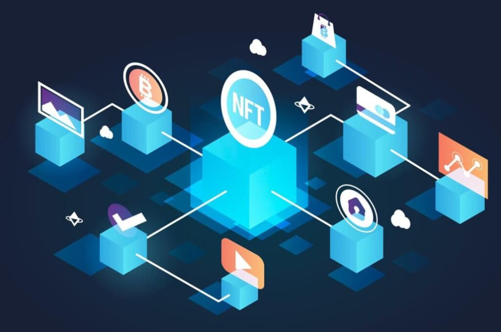 An isometric graphic of interconnected blocks and icons, illustrating an NFT ecosystem