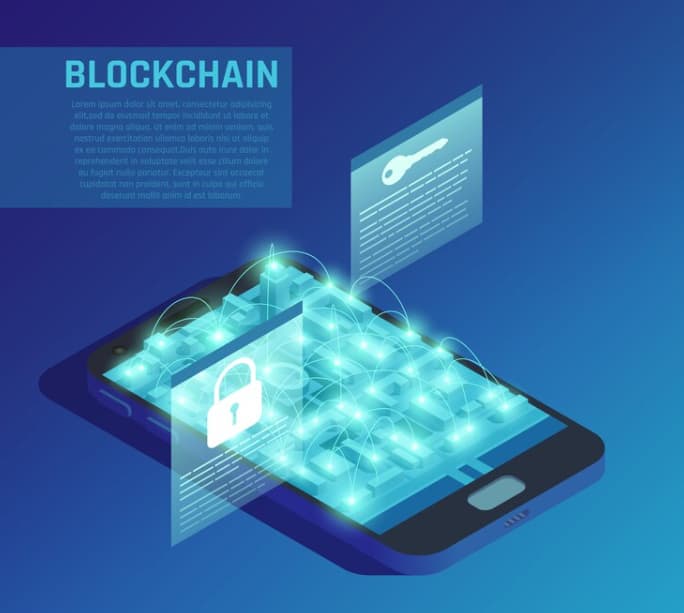 A smartphone displaying a blockchain network with a lock icon